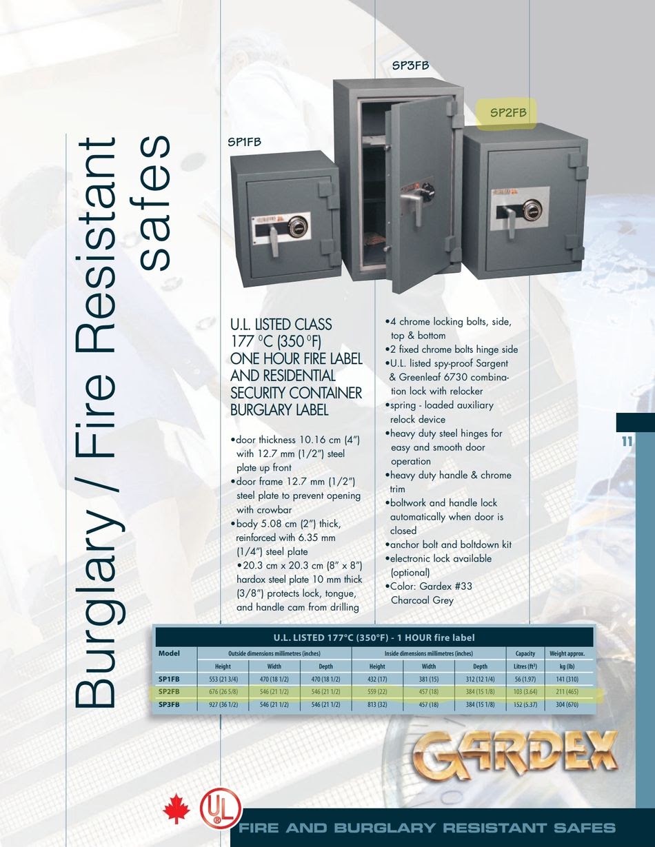 The original Gardex specification sheet for the SP-FB fire and burglary safe series, model SP2FB highlighted